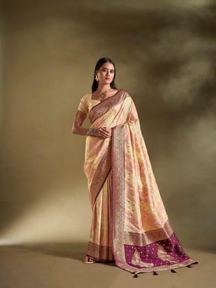 Cream & Light Pink Pure Soft Silk Woven Designed Banarasi Saree