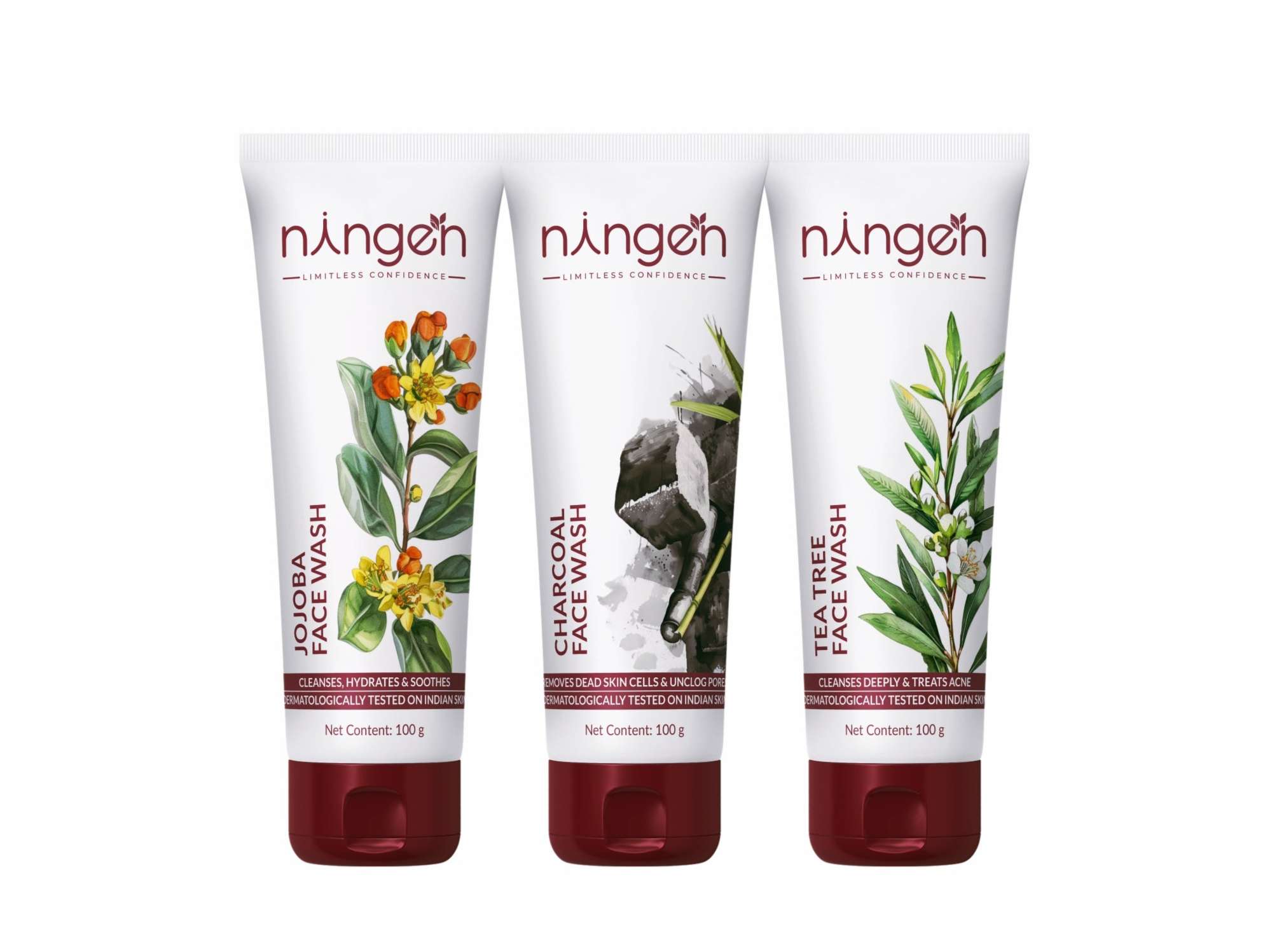 Ningen 3-in-1 Face Wash Combo Jojoba, Charcoal & Tea Tree (3 x 100ml)