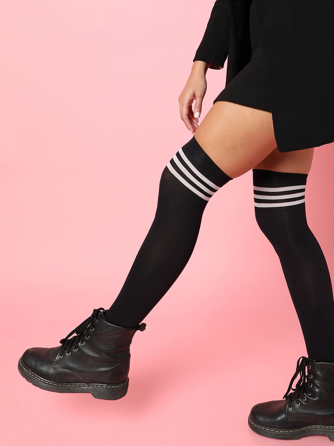 Black Stripe Solid Thigh High Stockings-Socks
