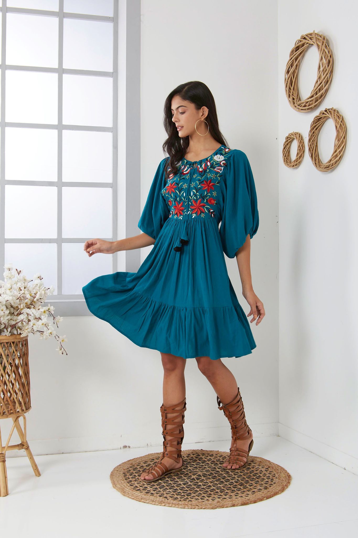 Turquoise Blue dress with machine embroidery on yoke-M