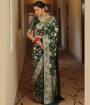 GARIYA Art Silk Embellished Banarasi saree With Unstitched Blouse Piece ( Green )