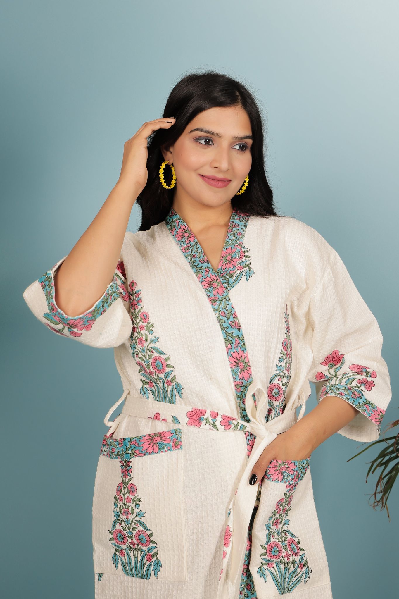 Luxury Waffle Cotton Bathrobe – Unisex | Handblock Printed | Free Size