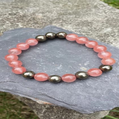Handmade Cherry Quartz, Strawberry Quartz & Pyrite Bracelet Positivity & Protection (Size - 8") Handmade Cherry Quartz, Strawberry Quartz & Pyrite Bracelet Positivity & Protection (Size - 8")