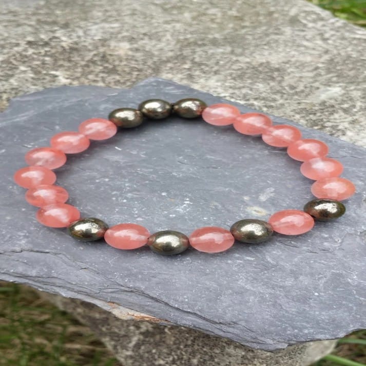 Handmade Cherry Quartz, Strawberry Quartz & Pyrite Bracelet Positivity & Protection (Size - 6.5")