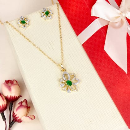 Flower of Diamonds Cz Green Stone Pendant Set - SIA446788_A