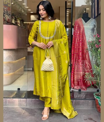 Gazal Fashions Silk Blend Embellished Kurti With Pants Women's Stitched Salwar Suit - Yellow ( Pack of 1 )