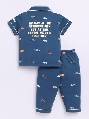 Sea theme Blue Cotton Half Sleeves Nightwear Set-6-9 m