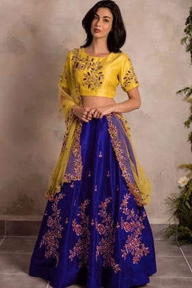 Blue & Yellow Colored Party Wear Embroidered Satin-Banglori Silk Lehenga