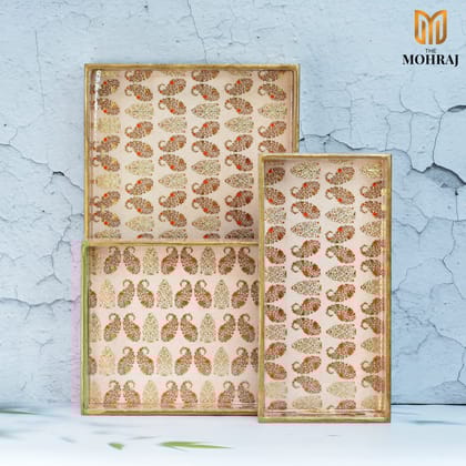 The Mohraj Exquisite Multicolor Rectangular MDF Trays with Gold Foil Finish Set of 3  