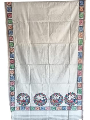 Exquisite Bhagapuri Silk Dupatta with Handmade Madhubani Painting - Vibrant Geometric Patterns in Blue, Pink, Green - Ideal for Weddings, Cultural Events, and Art Lovers