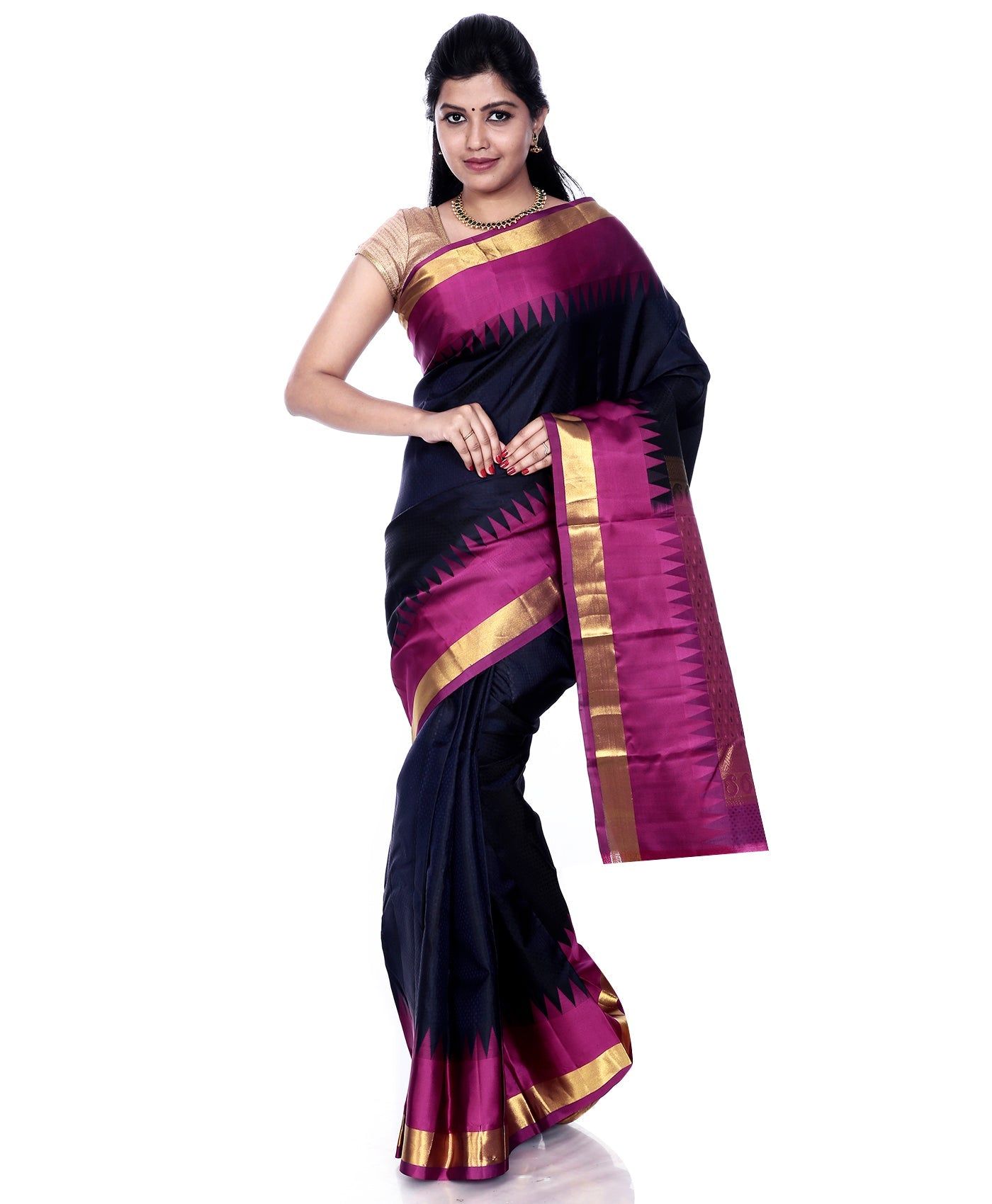 Black Kanchipuram Silk Saree with Temple Border
