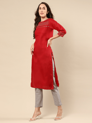 Red Embroidered Cotton Kurta-XS