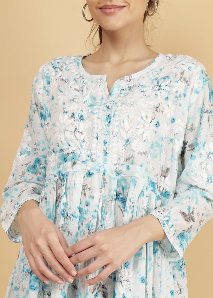 Mulmul Short Frock Style Kurti - Floral Print Blue