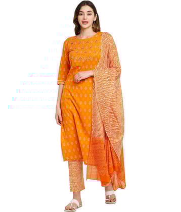 Rajnandini Cotton Printed Kurti With Pants Women's Stitched Salwar Suit - Orange ( Pack of 1 )