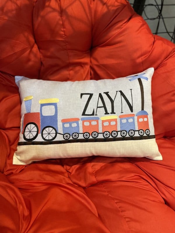 KRI India Melange Kids Train Personalised Name Cushion Covers|12x18 inches | Light Blue & grey | Wash & Care | 100% Cotton | Handcrafted in India. 100% organic & natural.
