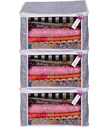 Prettykrafts Saree Cover Set Of 3 Large/Jute Finish/Wardrobe Organiser/Clothes Bag_Greylarge