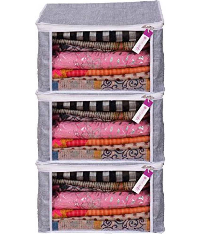 Prettykrafts Saree Cover Set Of 3 Large/Jute Finish/Wardrobe Organiser/Clothes Bag_Greylarge
