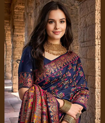 Samah Silk Woven Banarasi saree With Unstitched Blouse Piece ( Navy Blue )