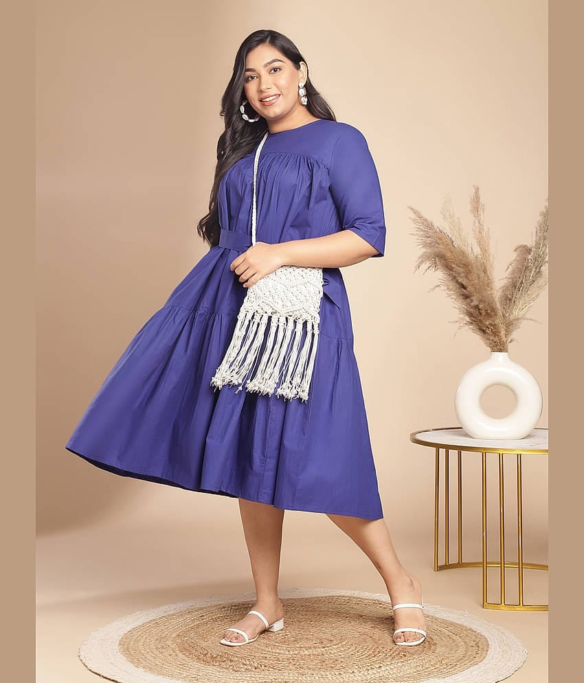 Janasya Women Cotton Blend Solid Fit & Flare Dress ( Blue )