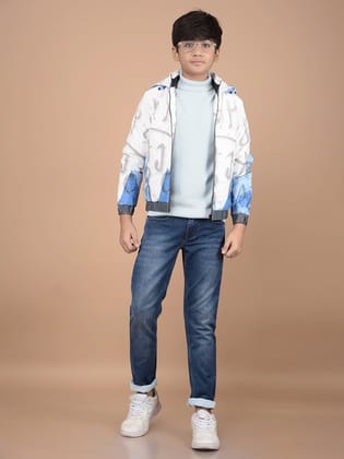 White Typographic Print Hooded Neck Puffer Jacket-13-14Y / White