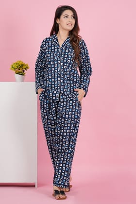 Stunning Geometric Print Blue Full Sleeve Pyjama Set-S / Blue / 100% Cotton