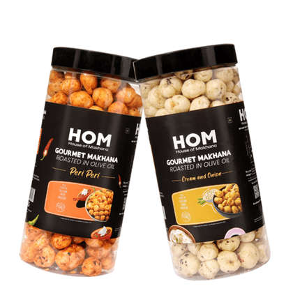 GOURMET MAKHANA Roasted in Olive Oil | Flavors Cream and Onion & Peri Peri | Combo Of 2, 65g Each. - 130 gm