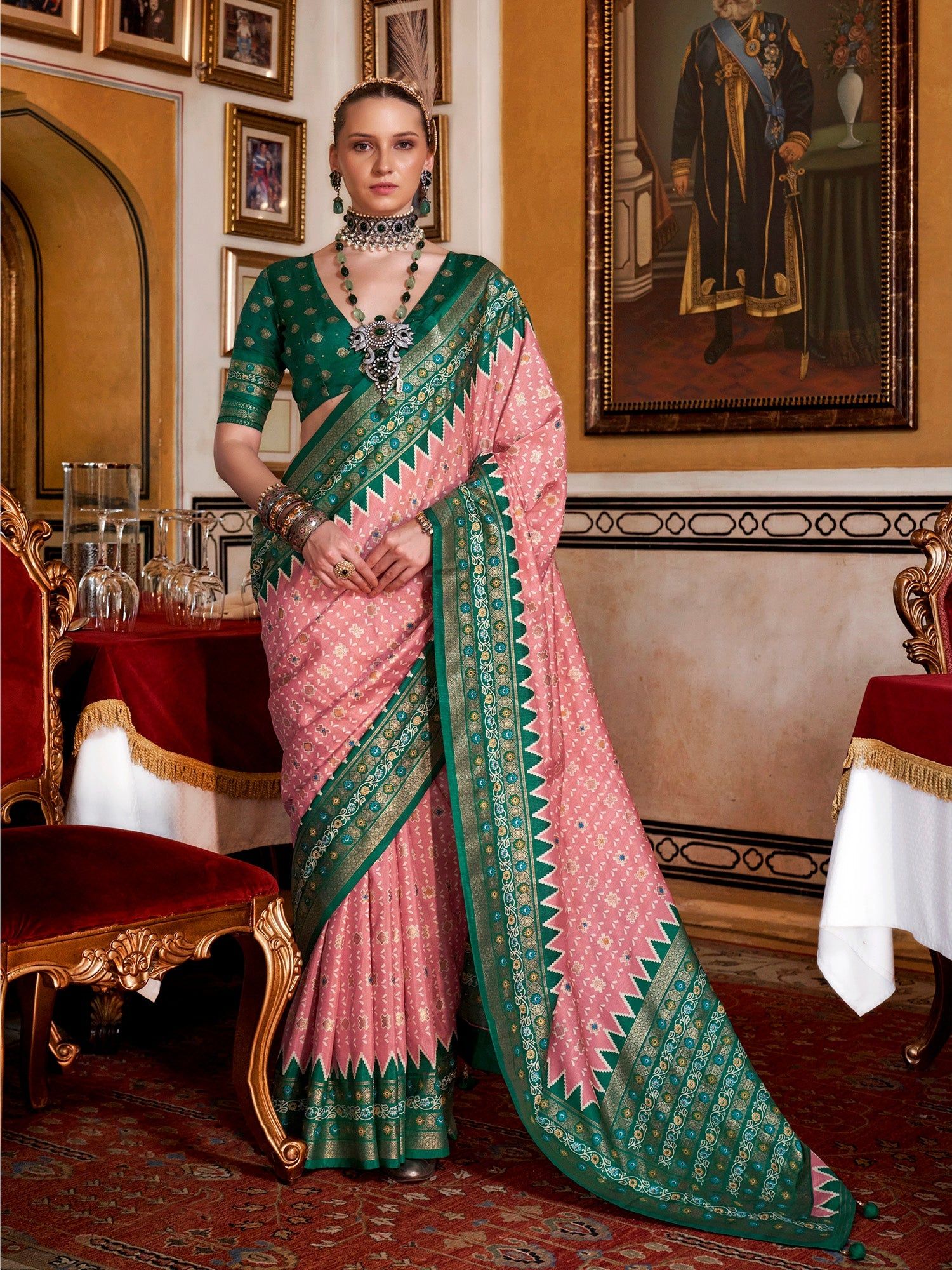 Peach pink Soft Silk Woven Printed Patola Designed Saree