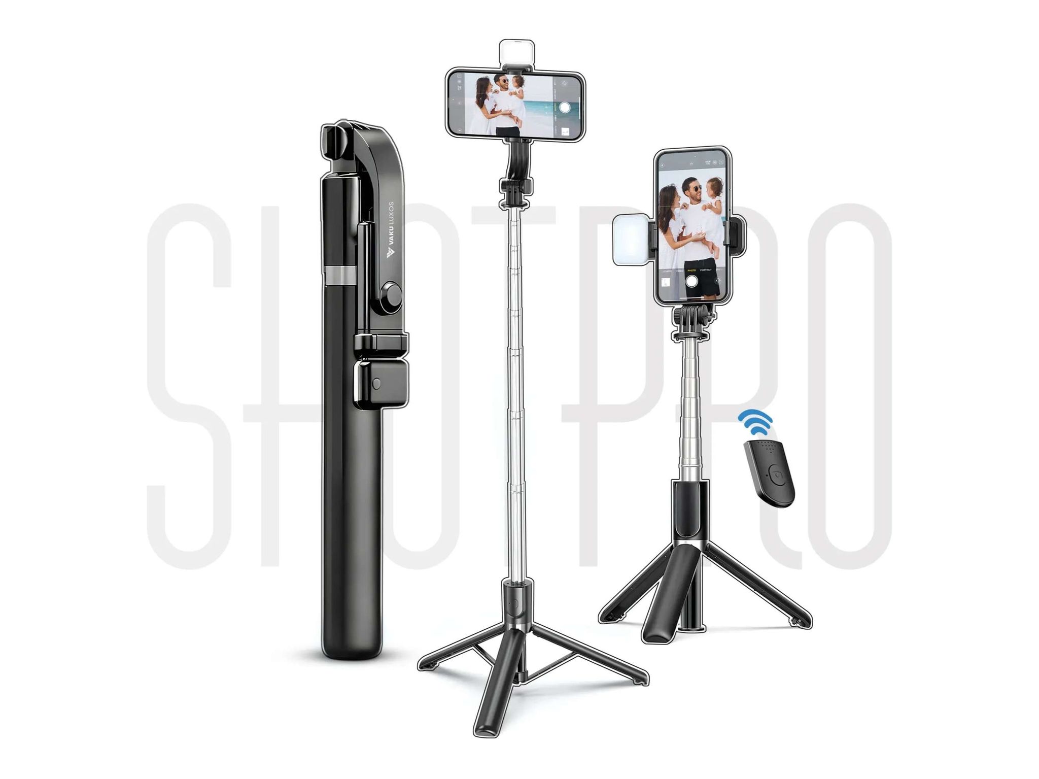 Vaku Luxos SHOTPRO Selfie Stick Tripod with Fill Light, 5.8ft Extendable - Black