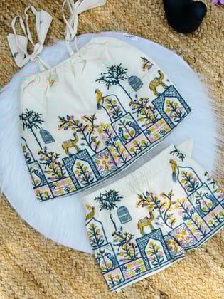 Blossom Embroidery Work on Khadi Cotton Fabric Kids Cord-Set-Beige / 0-6 Month