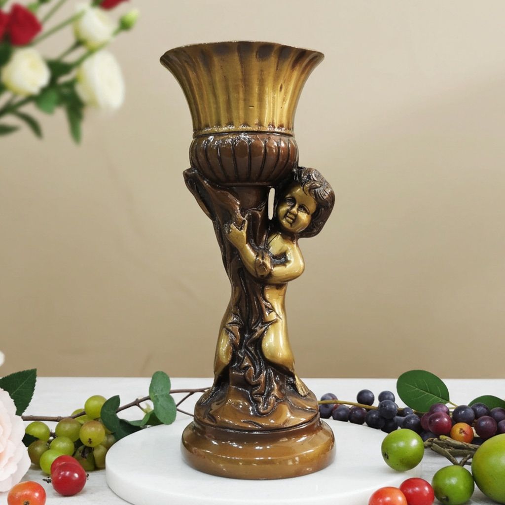 Brass Showpiece Boy With Mashal [Torch] Statue, Height : 9.5 Inch (BSMAS1493 A)