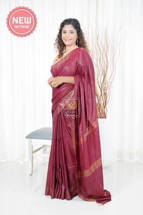 Pure Ghichha Tussar Silk With Zari Border- Burgundy