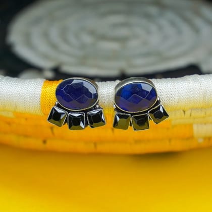 Oxidized Silver Stud Earrings with Blue CZ StonesShort