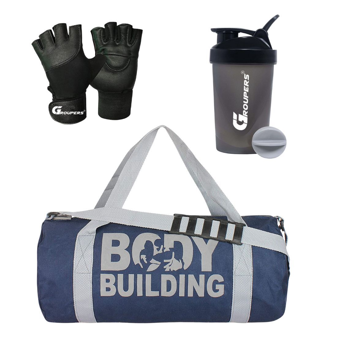 GROUPERS Duffle Canvas Bag with Shaker Bottle-400ml & GloveslDuffle Bags Travel