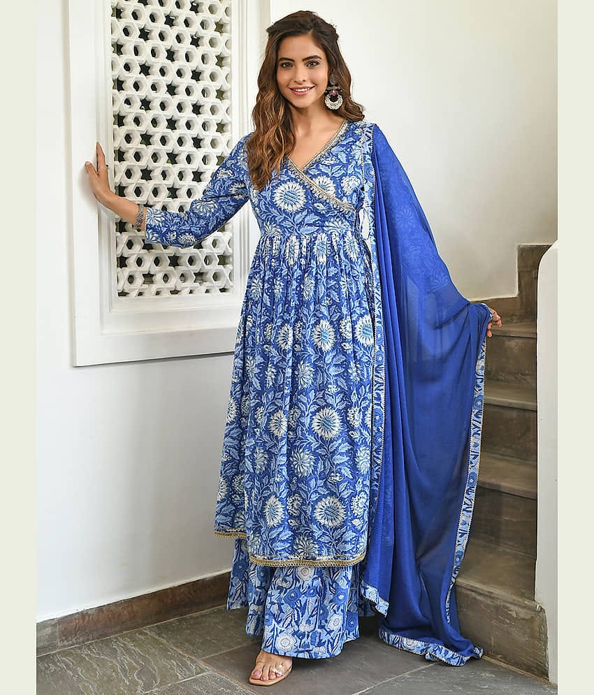 Janasya - Blue Angrakha Cotton Women's Stitched Salwar Suit ( Pack of 1 )