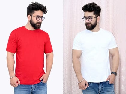 Tru Threads Solid Premium T-Shirt 2 Pcs Combo - Red, White (Size - M)