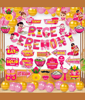 Zyozi® Pink Rice Ceremony/Annaprashan Decorations Combo | Baby Rice Ceremony Decorations Kit - Paper Banner, Photo Booth Props, Swirls Hangings & Balloons, Annaprashan Decorations (Pack Of 55)
