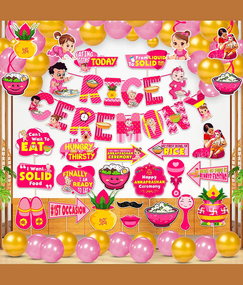 Zyozi® Pink Rice Ceremony/Annaprashan Decorations Combo | Baby Rice Ceremony Decorations Kit - Paper Banner, Photo Booth Props, Swirls Hangings & Balloons, Annaprashan Decorations (Pack Of 55)