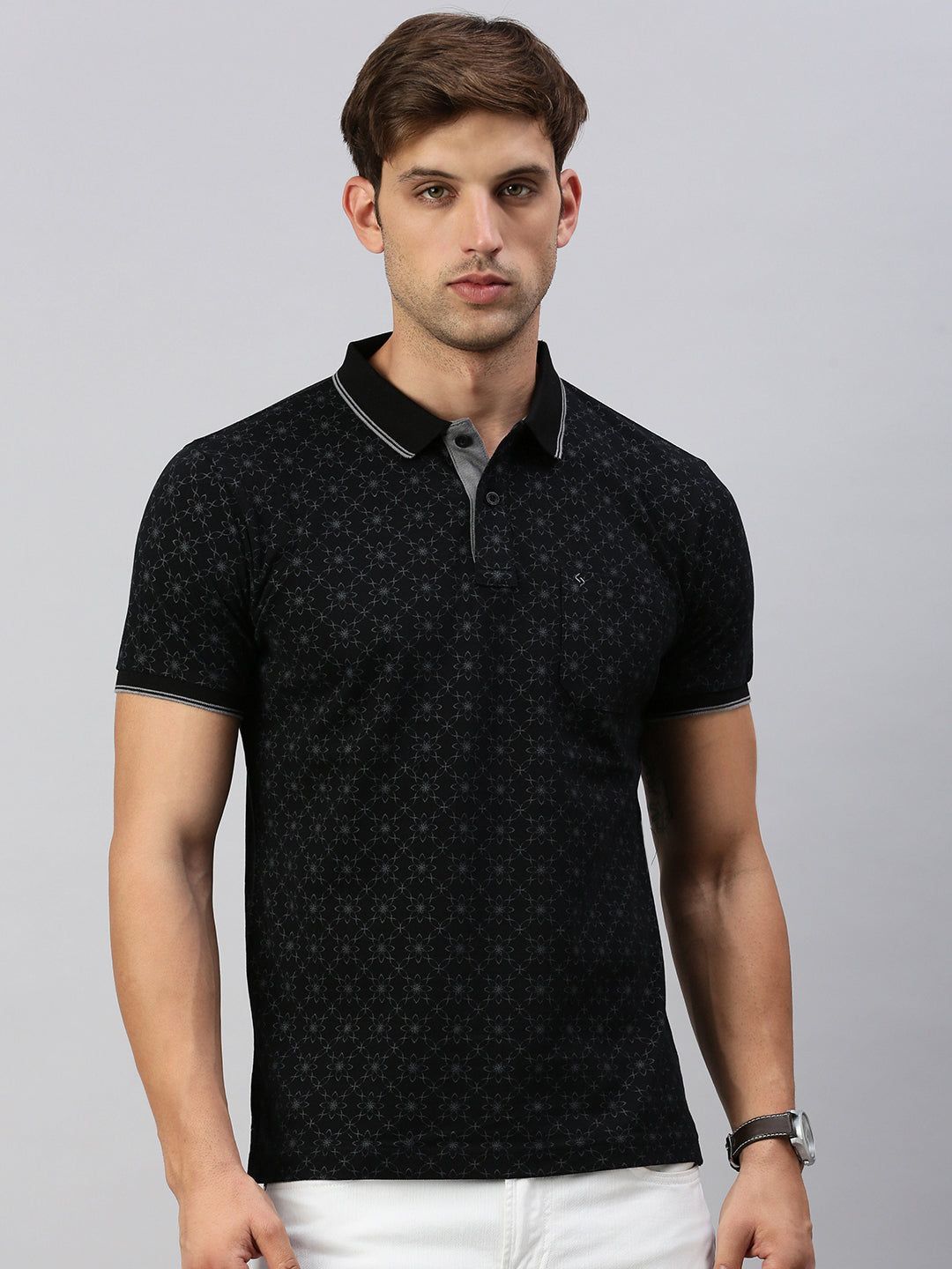 Classic Polo Men's Half Sleeve Black/Grey Polo Neck Slim Fit Printed T-Shirt | BEAU - 265 B SF P