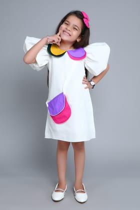 Puff Sleeves Colorblock Collar Cotton Dress with Matching Sling and Bow Clip -White-1-2Y / White