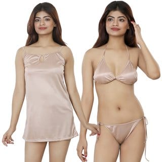Nivcy Women Solid Satin Nightwear set's Beige X-Large
