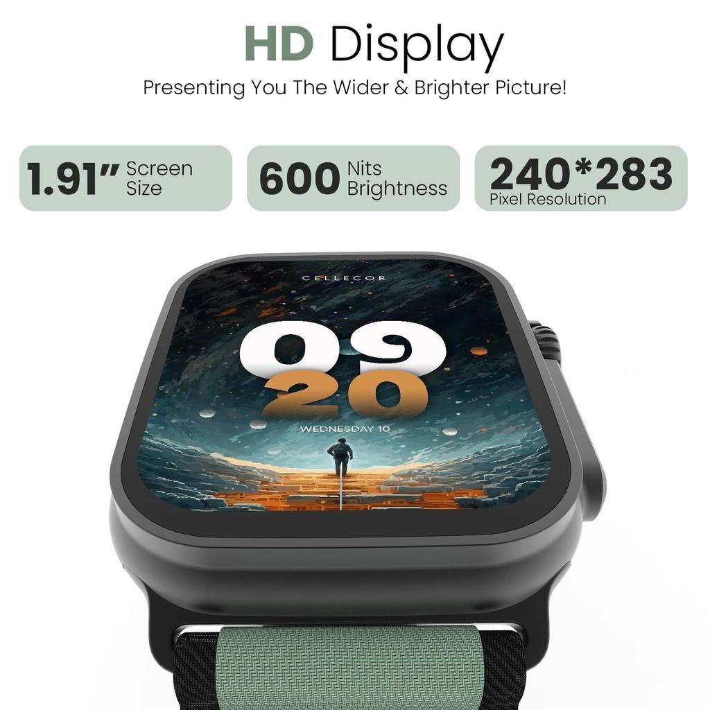 CELLECOR M4 Rush 1.91" HD Display | 600 NITS | AOD | BT-Calling | AI Voice | IP67 | Rotating Crown | SmartWatch (Garnish Black Green)