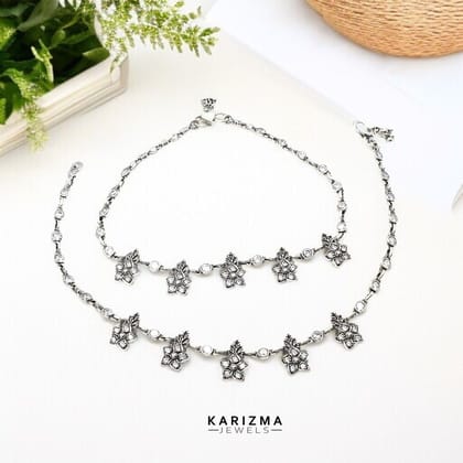 925 Sterling Silver Women White CZ Oxidised gorgeous flower Anklets Pair 10.7"