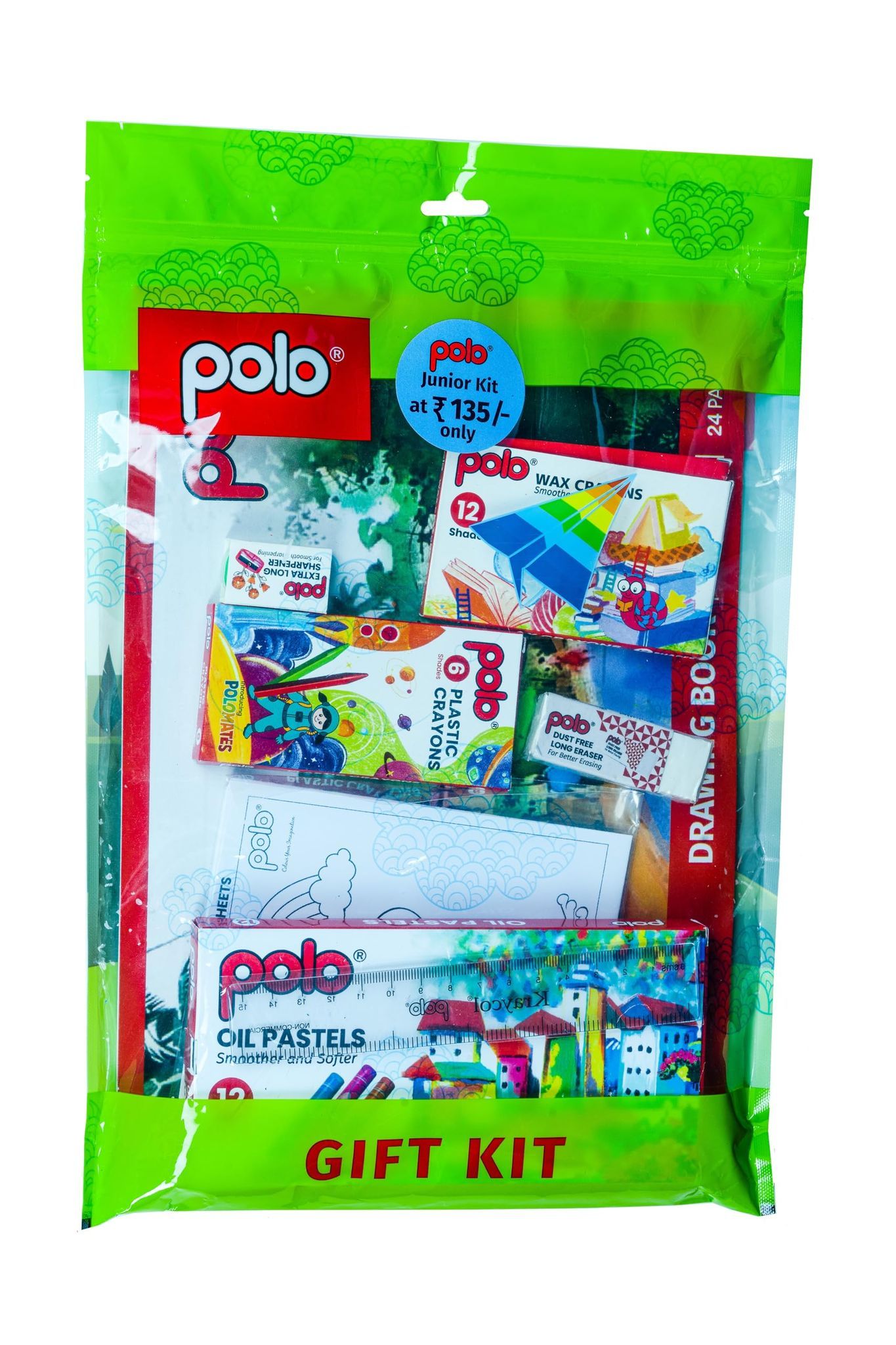 polo Junior Art Kit - Complete Drawing & Coloring Set with Oil Pastels, Wax Crayons, Plastic Crayons, Sharpener, Eraser, Ruler & Drawing Sheets for Kids