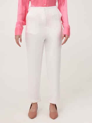 Women'S Luxury Banana Crepe Off White Skin Fit With Multi Pleated Trouser-28