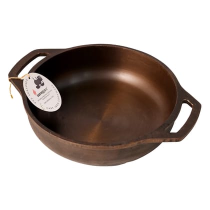 Aarogyam Cast Iron Round Flat Base Loha Kadai, Double Handle, Pre-Seasoned 11 inch Diameter (28 cm), Naturally Non-stick, Toxin-Free, Gas & Induction Compatible, Weight- 3.6 kg (Colour - Black) by Aarogyam - The Cast Iron Shop