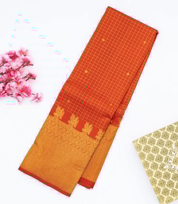 Red Handloom Kanchipuram Korvai Silk Saree With Zari Checks & Buttas-Red