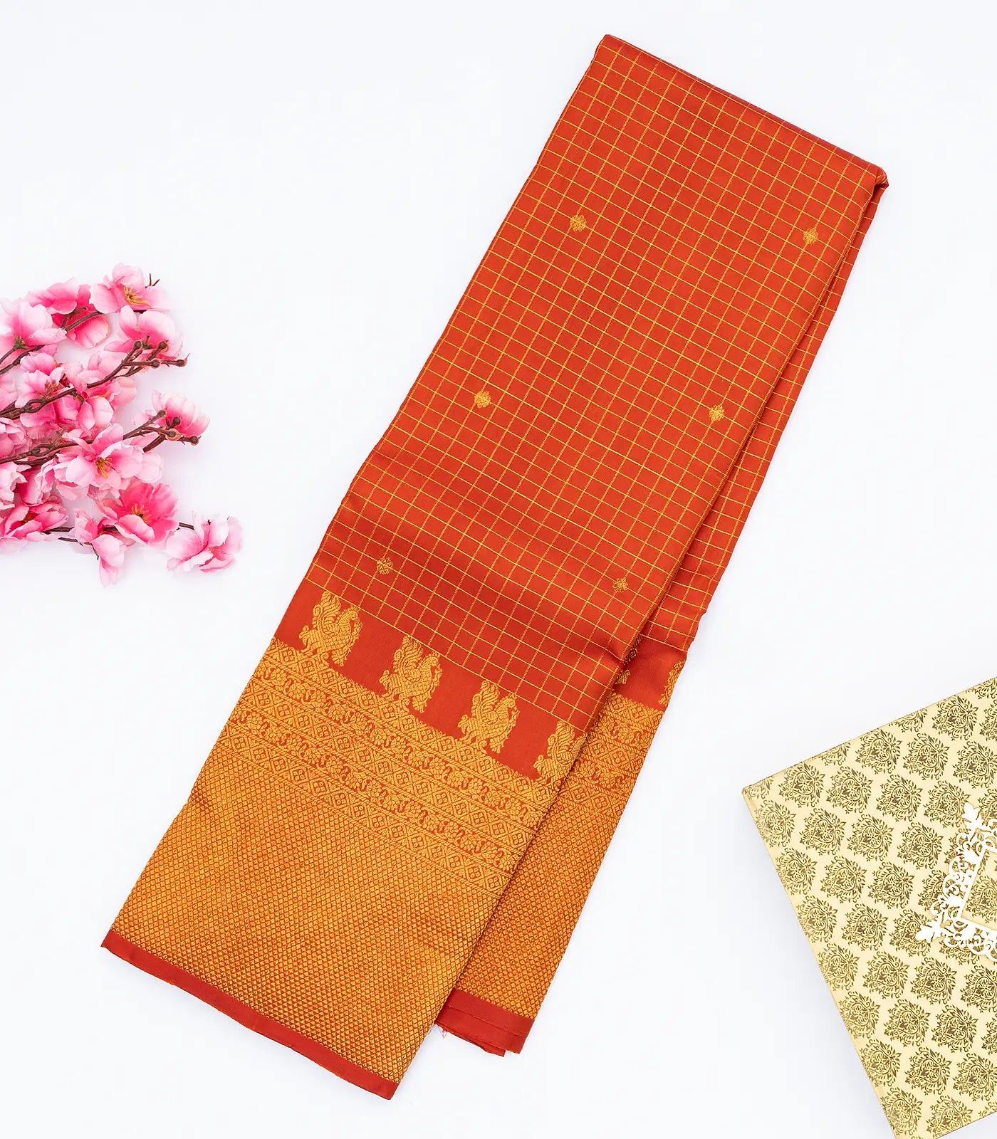 Red Handloom Kanchipuram Korvai Silk Saree With Zari Checks & Buttas-Red