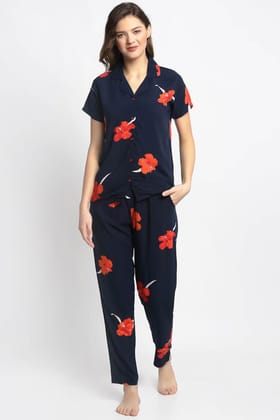 Navy Color Floral Printed Cotton Nightsuit For Women-s