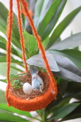 Decorative White Bird in Orange Coconut Fiber Nest, Natural Garden Ornament, Indoor Outdoor Display