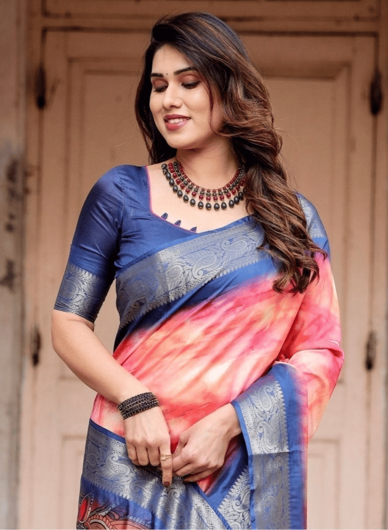 Pink and Blue Digital Printed Saree with Peacock Motif and Tassel Detail-Regular